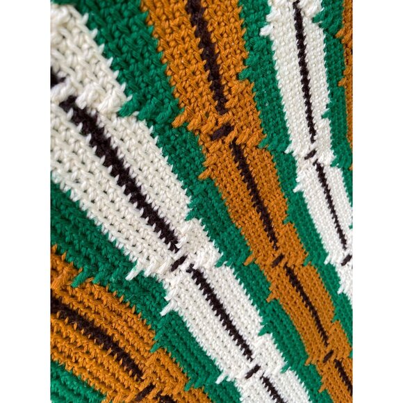 Vintage 1970s Crochet Afghan Blanket Green Brown & Cream Stripes  74x59 - Picture 5 of 14